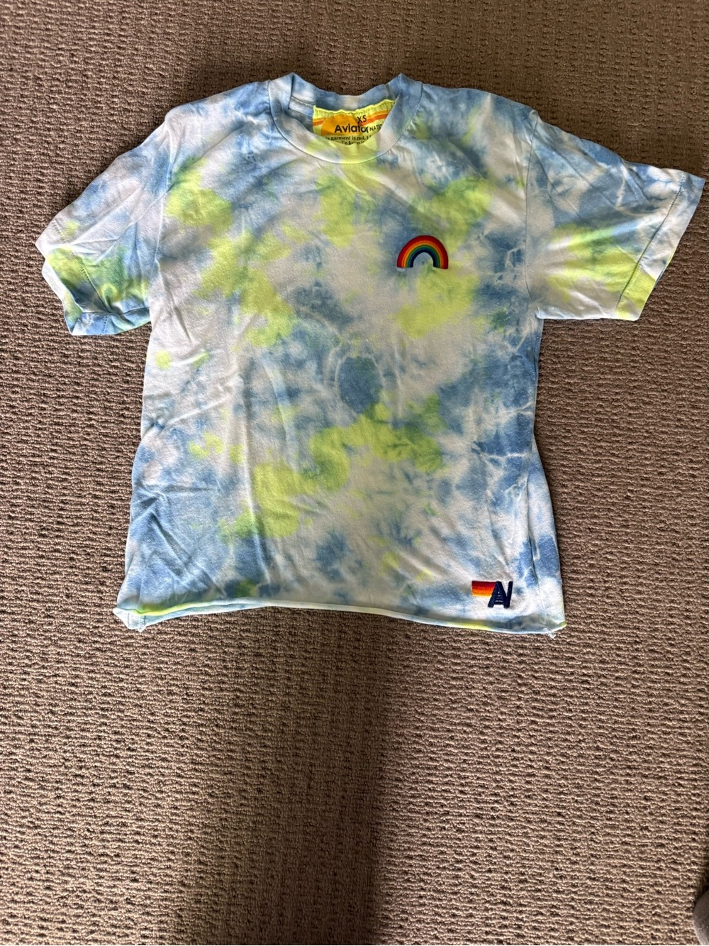 Aviator Nation woman’s Tie-Dye Tee with Rainbow Patch - Blue & Yellow